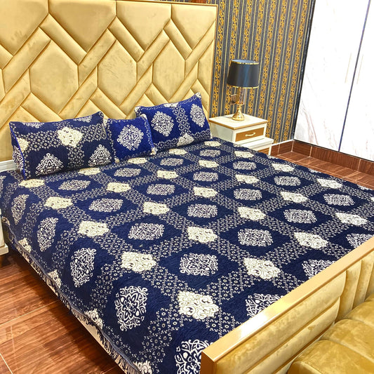 Blue Velvet Jaquard BedSheet 4Pcs