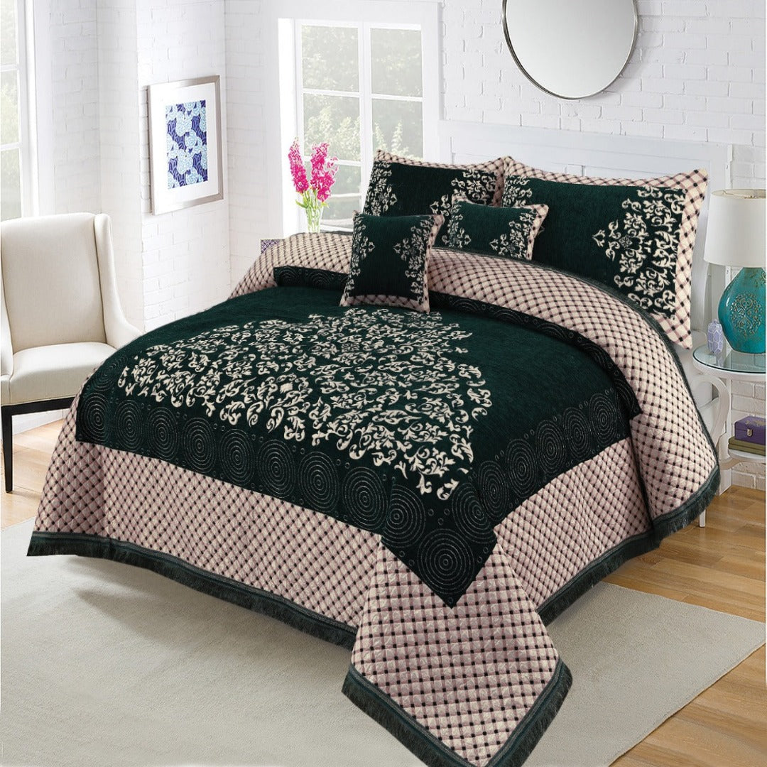 Green Velvet Jaquard BedSheet 5Pcs