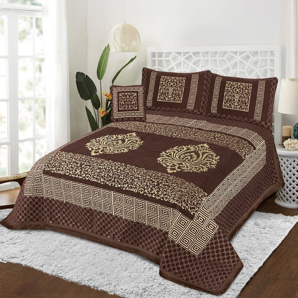 Luxury Brown Jacquard  Velvet Bedsheet 4Pcs